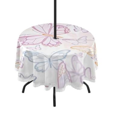 Imagem de Qilmy Toalha de mesa redonda à prova d'água borboleta pastel de 152 cm com orifício para guarda-chuva e zíper – uso externo / interno resistente para pátio, churrascos, piqueniques, festas (serve para