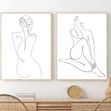 Imagem de PUYIQARE 2 peças de pintura de arte de linha corporal nua mulher nua yoga pôster em tela abstrato linha desenho impressão moderna imagens de parede decoração de casa sem moldura (linha feminina - A