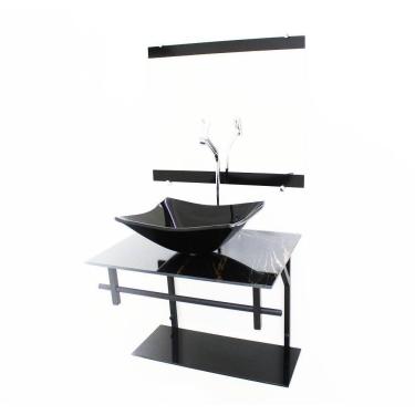 Imagem de Kit Gabinete 60Cm Cuba Retangular Mármore Preto + Torneira