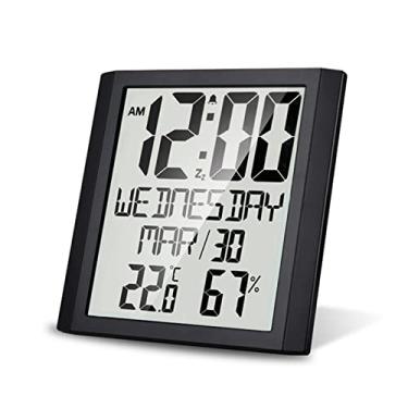 Imagem de Relógio de parede digital com temperatura e umidade Visor grande de 8,6" Hora/data/semana Despertador e soneca ℃/ ℉ Termo-higrômetro interno selecionável Monitor de clima preciso para escritório doméstico (preto)