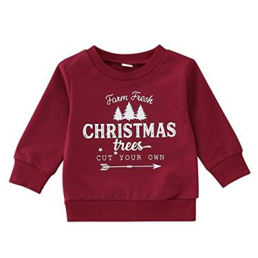 Imagem de Mercatoo Camisetas de Natal para meninas meninos com letras de Natal impressas pulôver de manga comprida Natal outono inverno suéter infantil, Vermelho, 0-6 Meses