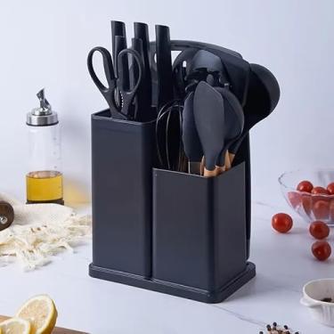 Imagem de Utensilios para Cozinha Silicone Kit com 19 Peças Cabo Madeira Conjunto Completo Espátula Concha Colher Jogo Suporte Faca Antiaderente Tabua Tesoura Faqueiro. (PRETO)