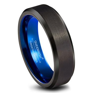 Imagem de QUEENWISH Aliança de casamento de tungstênio 6 mm masculino feminino azul preto escovado polido anel de casal com caixa de joias, Metal, Sem pedra preciosa