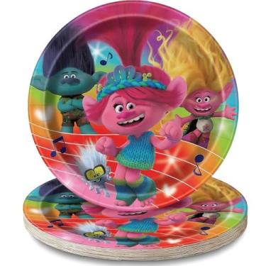 Imagem de Unique Pratos de sobremesa de papel redondos multicoloridos Trolls - 18 cm (pacote com 8) - Design vibrante do personagem Trolls, ideal para festas de aniversário infantis e celebrações temáticas