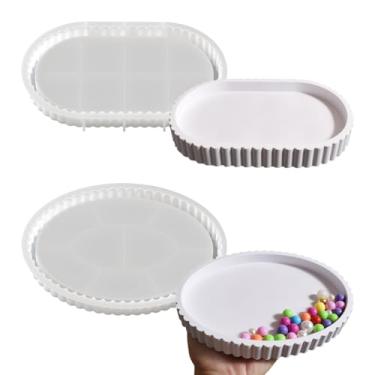 Imagem de Koonafy 2 moldes ovais de bandeja de resina, moldes de porta-copos de silicone duráveis, molde de bandeja redonda com bordas moldes de concreto de silicone, moldes de resina epóxi para decoração de