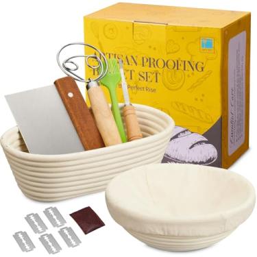 Imagem de Dimpola Banneton Cesta à prova de pão – Conjunto de cestas Banneton para impermeabilização de massa fermentada, tigelas redondas à prova de água, cestas e forros de vime feitos à mão (conjunto de