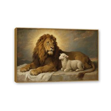 Imagem de SDYJ6GSW Decoração de parede Jesus para sala de oração arte de parede cristã impressões de parede em tela de leão e cordeiro Imagem para oração de serenidade decoração de casa 30 x 20 cm (12 x 8 pol