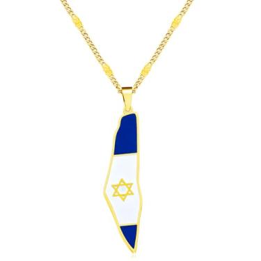 Imagem de Zircobic Colar com mapa de Israel com detalhes em bandeira, pingente de estrela de Davi de aço inoxidável, joia com símbolo judaico para homens e mulheres – Cores douradas e prateadas disponíveis, One