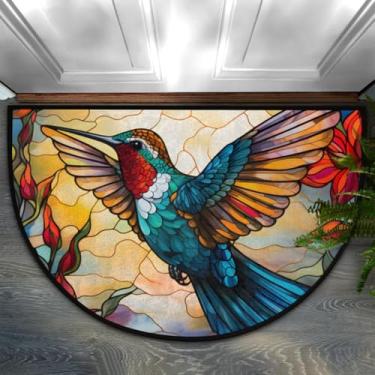 Imagem de Tapete de porta meio redondo, beija-flor, animal, flor, antiderrapante, semicírculo, lavável, meia lua, para ambientes internos e externos, banheiro, cozinha, pátio, corredor, lavanderia, decoração de