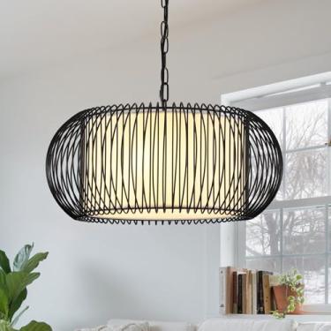 Imagem de OFLNLL Lustre Drum, Luminária Pendente Grande Com 3 Cúpulas De Tecido Branco E Estrutura Metal Preto, Lustres Modernos Para Sala Jantar, Cozinha, Ilha, Corredor, Entrada