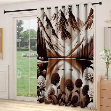Imagem de Divisória de parede de cortina de sala de lago, arte em tons marrons de cenário de montanha nevada com flores madeiras escuras, cortinas largas isoladas/cortinas de quarto (painel único), L 250 x C