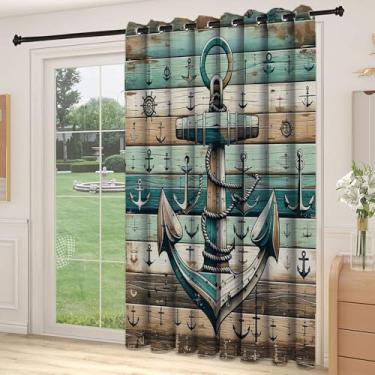 Imagem de Divisória de parede de cortina de divisória náutica, âncora de estilo rústico de vela com estampa de tábuas de madeira desgastada, cortinas largas isoladas/cortinas de quarto (painel único), L 236 x C