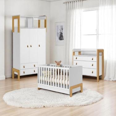 Imagem de Conjunto Infantil  Branco Acetinado: Berço  Mini Cama + Cômoda  + Guarda-Roupa  3 portas 2 Gavetas