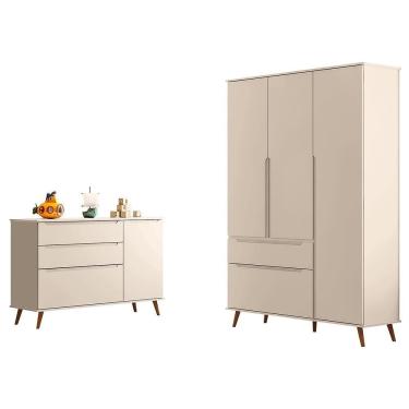 Imagem de Jogo de Quarto Infantil Retrô Melinda Guarda Roupa e Cômoda com Porta - Phoenix Baby