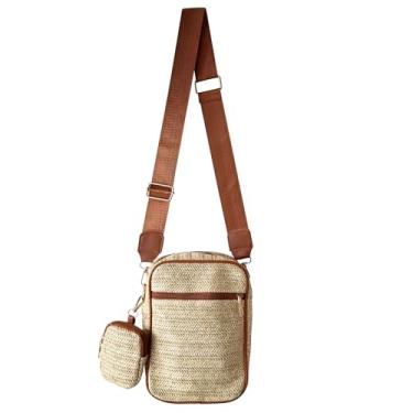 Imagem de ArtCentury Bolsas transversais de palha pequenas para mulheres 2025, pacote com 2 bolsas de palha de tecido bolsa de ombro verão praia, Pulseira marrom, Bolsa transversal de palha