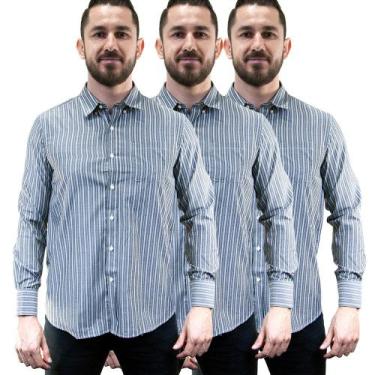 Imagem de Kit 3 Camisas Social Masculina Listrada Manga Longa Camisaria Colombo,