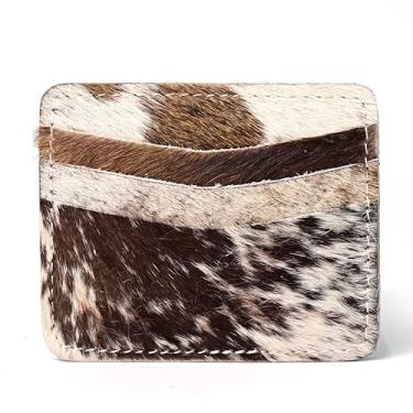 Imagem de Merbaa Suporte de cartão Camilia de couro bovino estilo caubói caubói fashion vibes, Marrom e branco, Porta-cartão Hairon de couro bovino