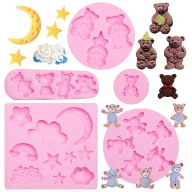 Imagem de Molde de silicone para fondant de ursinho de pelúcia, 5 peças, moldes de chocolate para chá de bebê, nuvens, estrelas, arco-íris, lua, molde para decoração de bolos, cupcake de doces, topo de bolo