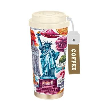Imagem de SEHANY American Famous Landmarks Caneca de viagem de 482 g Copos de café reutilizáveis revestidos de cerâmica com tampa à prova de vazamento, parede dupla, isolamento a vácuo, copo de café de aço