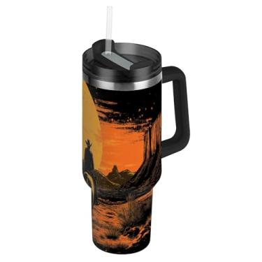 Imagem de Blueangle Copo caubói americano de 850 g com alça e tampa de palha, caneca de viagem de aço inoxidável isolada a vácuo de parede dupla, garrafa de água reutilizável para academia de escritório ao ar
