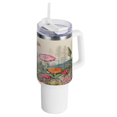 Imagem de xigua Copo vintage de flores silvestres de 1,134 g com alça e canudo, aço inoxidável duplo isolado a vácuo garrafa de água suporte de copo de garrafa de água amigável à prova de vazamento copo de