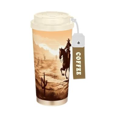 Imagem de SEHANY Caneca de viagem vintage caubói ocidental 482 g xícaras de café reutilizáveis revestidas de cerâmica com tampa à prova de vazamento, parede dupla, isolamento a vácuo, copo de café de aço