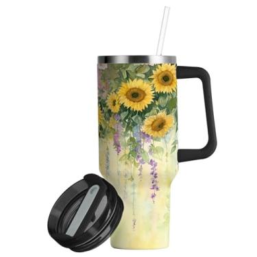 Imagem de ATTX Copo de pintura de girassóis aquarela de 850 g com alça, copo de aço inoxidável a vácuo de parede dupla com palha, caneca de café de viagem isolada #24