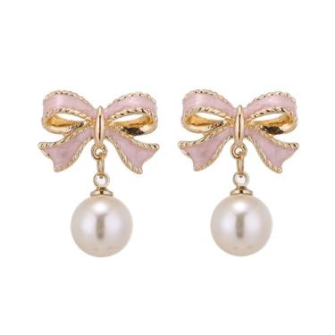 Imagem de Brincos de laço de pérola delicados para mulheres brincos pendentes de arco de ouro vintage brincos de pérola brincos de declaração brincos de aniversário joias presente para mulheres meninas, Metal,