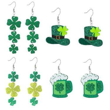 Imagem de DEYOUM 4 pares de brincos de trevo do dia de São Patrício para mulheres, trevo verde irlandês, acrílico, boa sorte, brincos pendentes para festas de fim de ano, dia de São Patrício, joias, acessórios