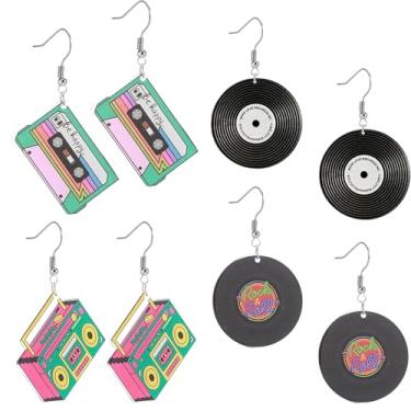 Imagem de DEYOUM Conjunto de 4 pares de brincos de fita cassete para mulheres, desenhos animados fofos dos anos 80 anos 90 acrílico neon retrô brincos pendentes declarações festas de fim de ano joias presentes