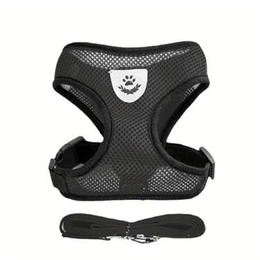Imagem de Arneses de colete para cães e gatos antiescape, ajustável, de malha macia, conjunto de coleira e peitoral (preto, M)