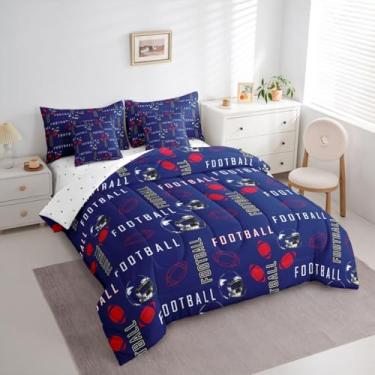 Imagem de jejeloiu Jogo de edredom de futebol americano com lençol de solteiro, para decoração de quarto de meninos e meninas, cidade de futebol americano, 7 peças, azul, vermelho, respirável, macio