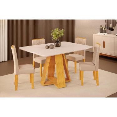 Imagem de Conjunto: Mesa Sala Jantar Celeste c/ Tampo Madeirado c/ Vidro Curvo 120x90cm e 4 Cadeiras Zoe Cedro/Off White - Suede Creme - DJ Móveis