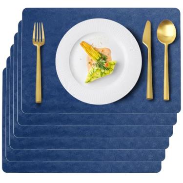Imagem de Conjunto de jogo americano, preto resistente ao calor, de couro sintético antiderrapante, adequado para uso interno e externo na cozinha, tapetes de mesa de plástico laváveis e limpáveis (6, azul)