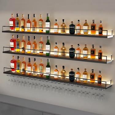 Imagem de Rack de vinho industrial montado na parede com luz LED, prateleiras de barra de ferro de 3 camadas, expositor de garrafa de licor flutuante e suporte de taça de vinho, prateleira de armazenamento de