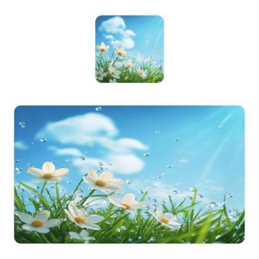 Imagem de Burbuja Jogo americano conjunto de 2, tapetes de mesa de cozinha de PVC com flores brancas, antiderrapante, resistente ao calor, à prova d'água, para mesa de jantar, lavável, 30,5 x 45,7 cm