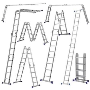 Imagem de Escada em Alumínio Articulada Dobrável 16 Degraus 4X4 Até 13 Posições 