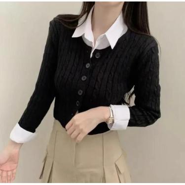 Imagem de Cardigã Feminino De Tricô Canelado Curto Com Botões E Manga Longa, Est