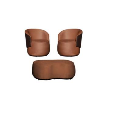 Imagem de Kit 2 Poltronas + Puff Decorativo Beatriz Orgânico Composê Couro Marro