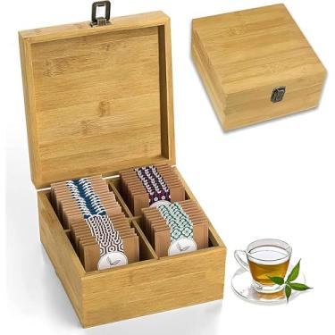 Imagem de Caixa organizadora de chá de bambu, sem produtos químicos, grande, alta, ajustável, caixa de armazenamento de madeira natural (4 compartimentos quadrados 18,8 cm x 20,6 cm x 10,7 cm em branco)