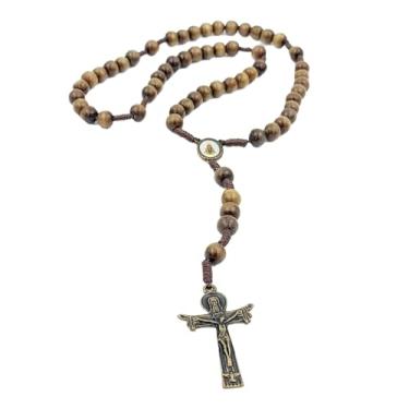 Imagem de Terço de Madeira com Contas 8mm Crucifixo Santo Sudário Medalha Entremeio Ouro Envelhecido (Medalha N. Senhora Aparecida)