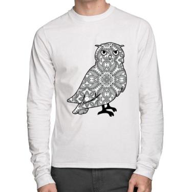 Imagem de Camiseta Algodão Coruja Mandala Manga Longa - Foca na Moda, Branco, P