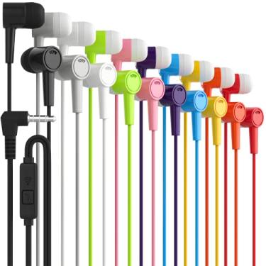 Imagem de Pacote com 10 fones de ouvido com fio, fones de ouvido com microfone, fones de ouvido com bloqueio de ruído estéreo de graves pesados, compatível com dispositivos iPhone e Android, iPad, MP3, serve para 3,5 mm (pacote com 30, dez cores)