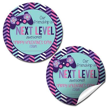 Imagem de Next Level Friend Cool Video Game Themed Valentine Party Favor Sticker Labels for Girls, 40 2" Party Circle Stickers by AmandaCreation, Great for Classroom Valentines, Envelope Seals, Gifts & Treats