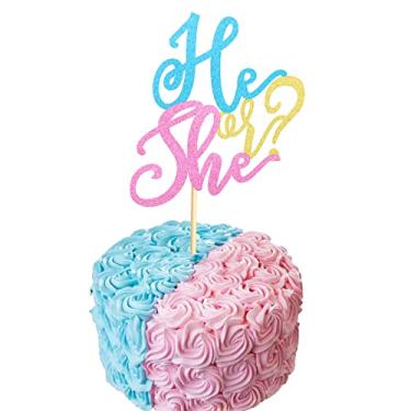 Imagem de Arthsdite Topo de bolo para ele ou ela - Enfeite de bolo revelador de gênero de bebê para decoração de festa, bandeira de bolo para ele ou ela, adereços de cabine de fotos, ideias exclusivas de chá de