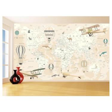 Imagem de Papel De Parede 3D Mapa Mundi Kids Avião Balão 3,5M Nmu91 - Você Decor
