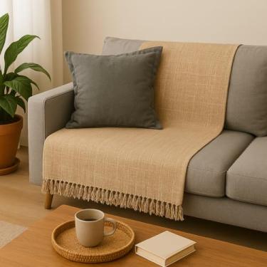 Imagem de Manta de Sofá Minimalista, 210 x 150 cm, 100% Algodão, Acabamento Artesanal com Franjas (Bege)