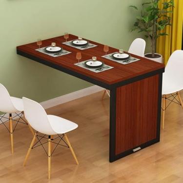 Imagem de Mesa De Mesa De Parede Suspensa, Mesa De Jantar Dobrável De Madeira Maciça, Mesa De Computador De Estação De Trabalho Hging Com Economia De Espaço Multifuncional, Teak Color + Black, 100*50cm/39*20in