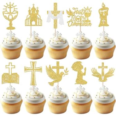 Imagem de 30 Pack Boy First Holy Communion Cupcake Toppers Glitter Cross Bible Cupcake Picks God Bless Cake Decorations for First Communion Baptism Religion Theme Birthday Party Supplies Gold