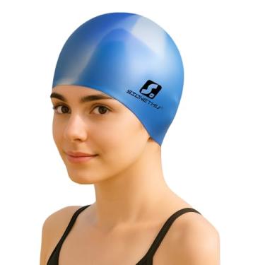 Imagem de Touca de natação de silicone para mulheres e homens – Touca de natação impermeável para cabelos longos, cobre as orelhas, banho confortável para adultos (azul)